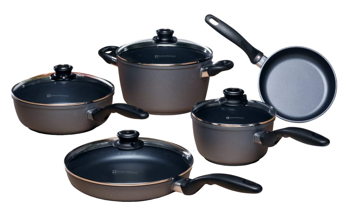 Juego de Ollas y Sartenes Swiss Diamond Antiadherente, Aluminio Reforzado con Diamante, Mango de Acero Inoxidable, Apto para Lavavajillas y Horno, 9 Piezas, Gris 609