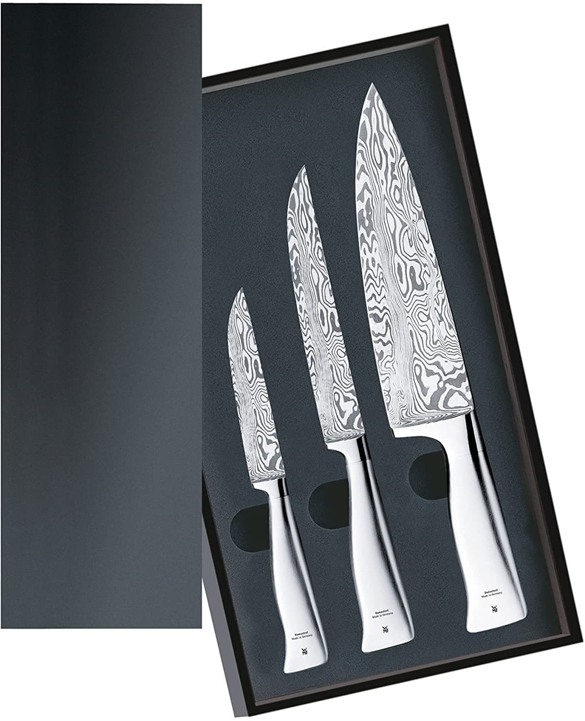 WMF Juego de Cuchillos de 3 Piezas Cuchillo de Uso Cuchillo de Carne Cuchillo de Chef Damasteel Damasco Rendimiento Forjado Corte Afilado Acero Cromargan Acero Inoxidable 120 Capas de Mangos en una Caja de Madera Hecho en Alemania 1890099998