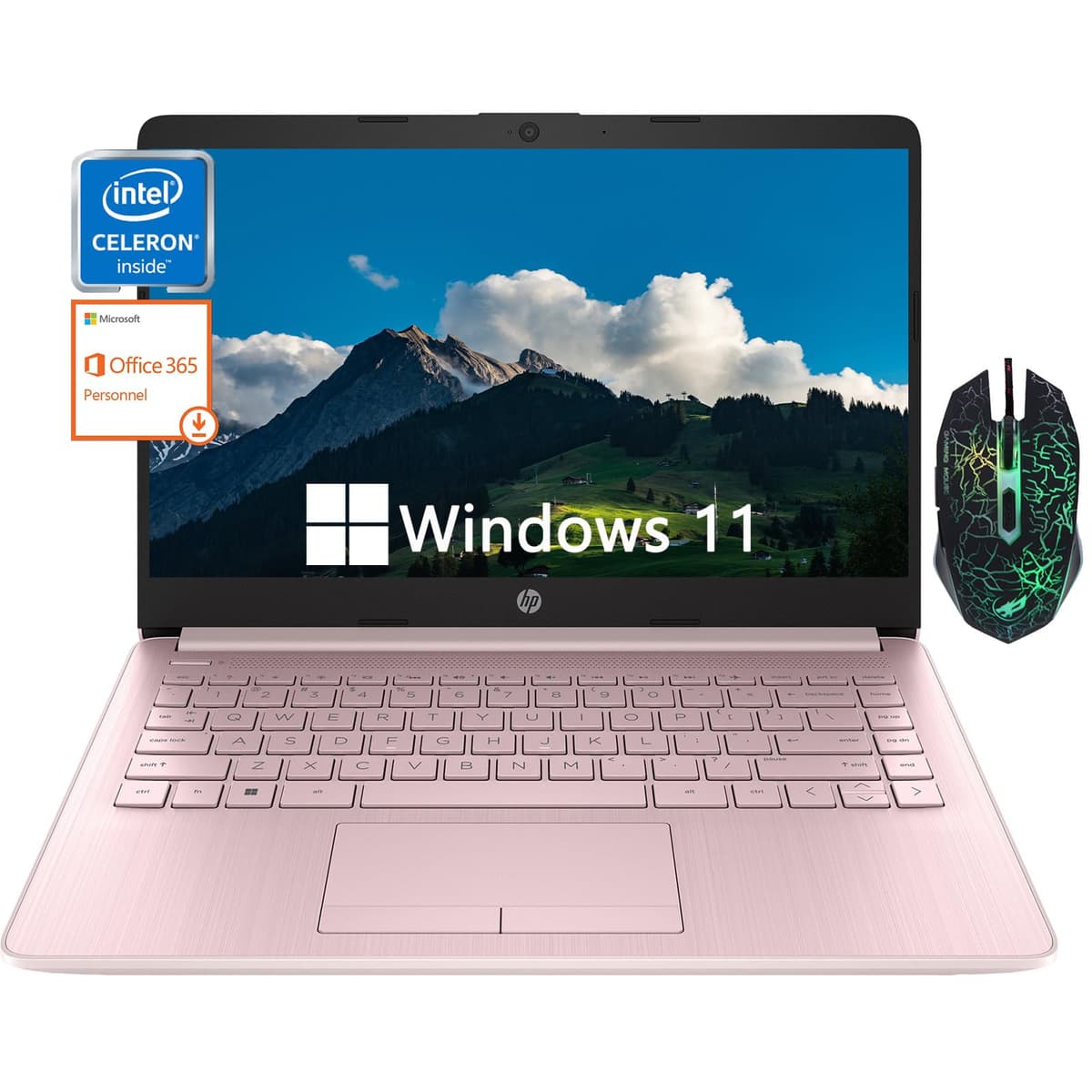 HP laptop de 14" para estudiante y negocios, ultraligera, Intel Celeron N4120 (cuatro núcleos), 16GB RAM, 128GB almacenamiento (64GB eMMC + 64GB micro SD), 1 año Office 365, Windows 11 S, rosa
