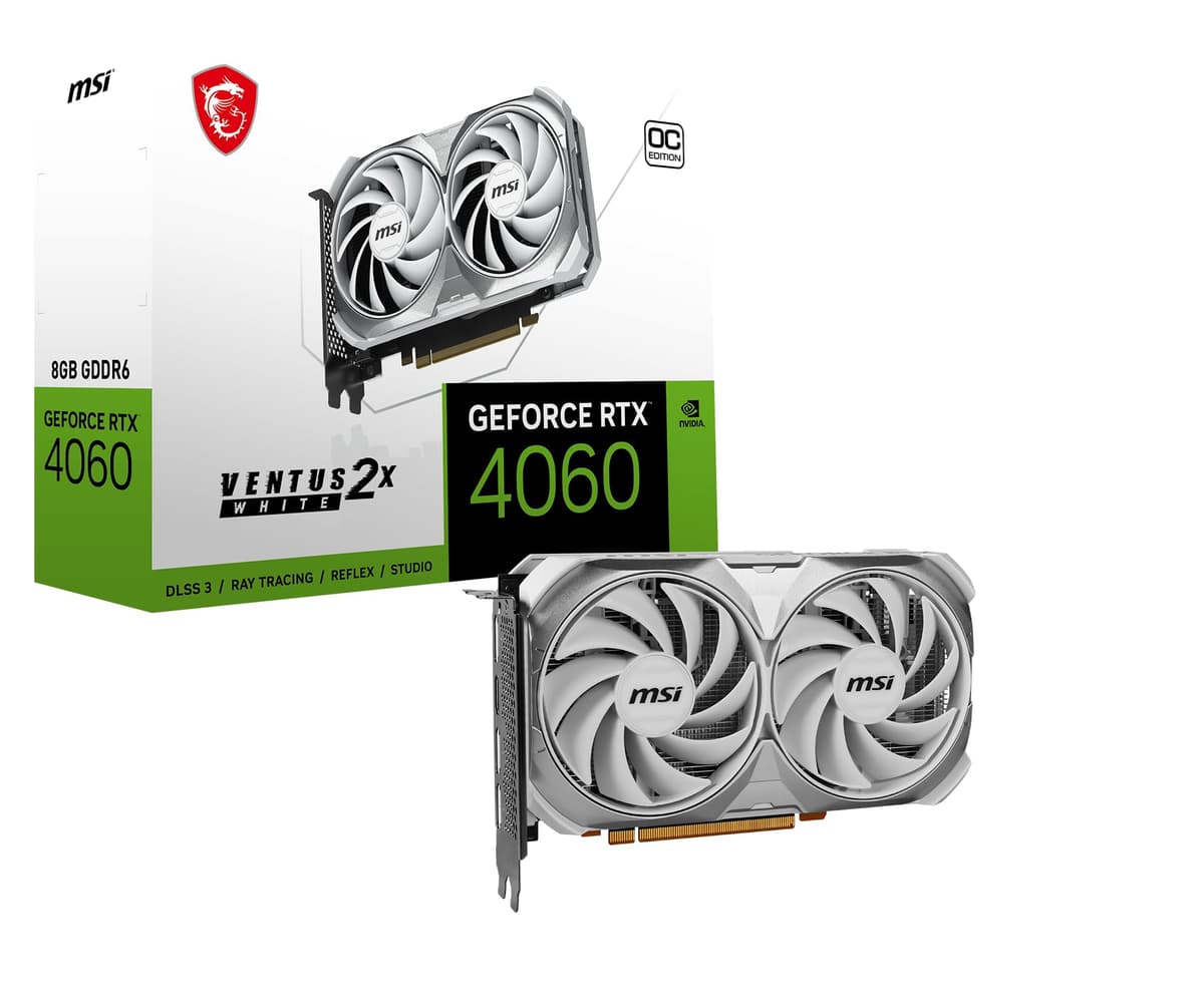 MSI Gaming GeForce RTX 4060 8GB GDDR6 Extreme Clock: 2505 MHz 128-Bit HDMI/DP Nvlink TORX Fan 4.0 Arquitectura Ada Lovelace Tarjeta Gráfica (RTX 4060 Ventus 2X White 8G OC)