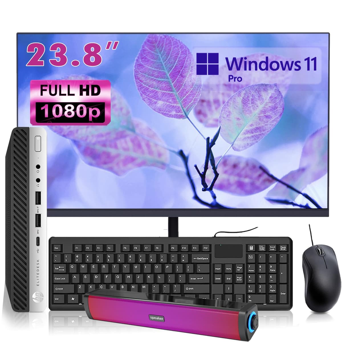 HP EliteDesk 800 G4 Mini Desktop con nuevo monitor FHD de 24" y parlantes RGB, PC set, Core i5-8500T, 16GB RAM, 256GB SSD, Windows 11 Pro (Reacondicionado)