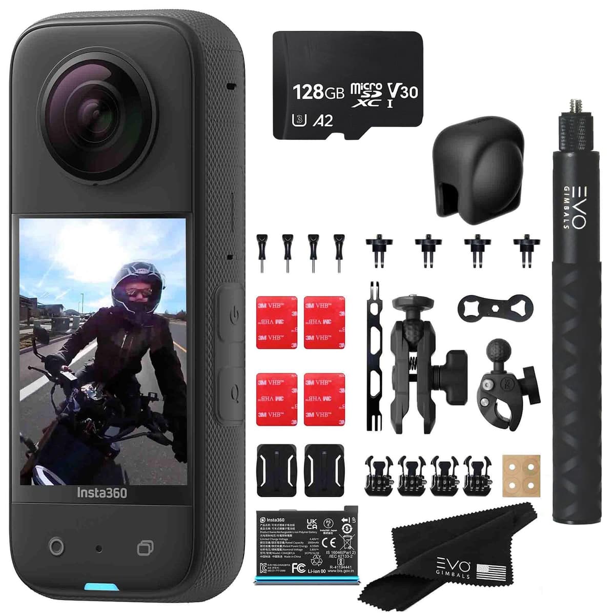 Insta360 X3 Cámara 360 Impermeable con sensores 1/2" 48MP, 5.7K HDR, Incluye Motorcycle Bundle y 128GB CINSAAQ/B_MOTO_SELFIE_LC_128GB