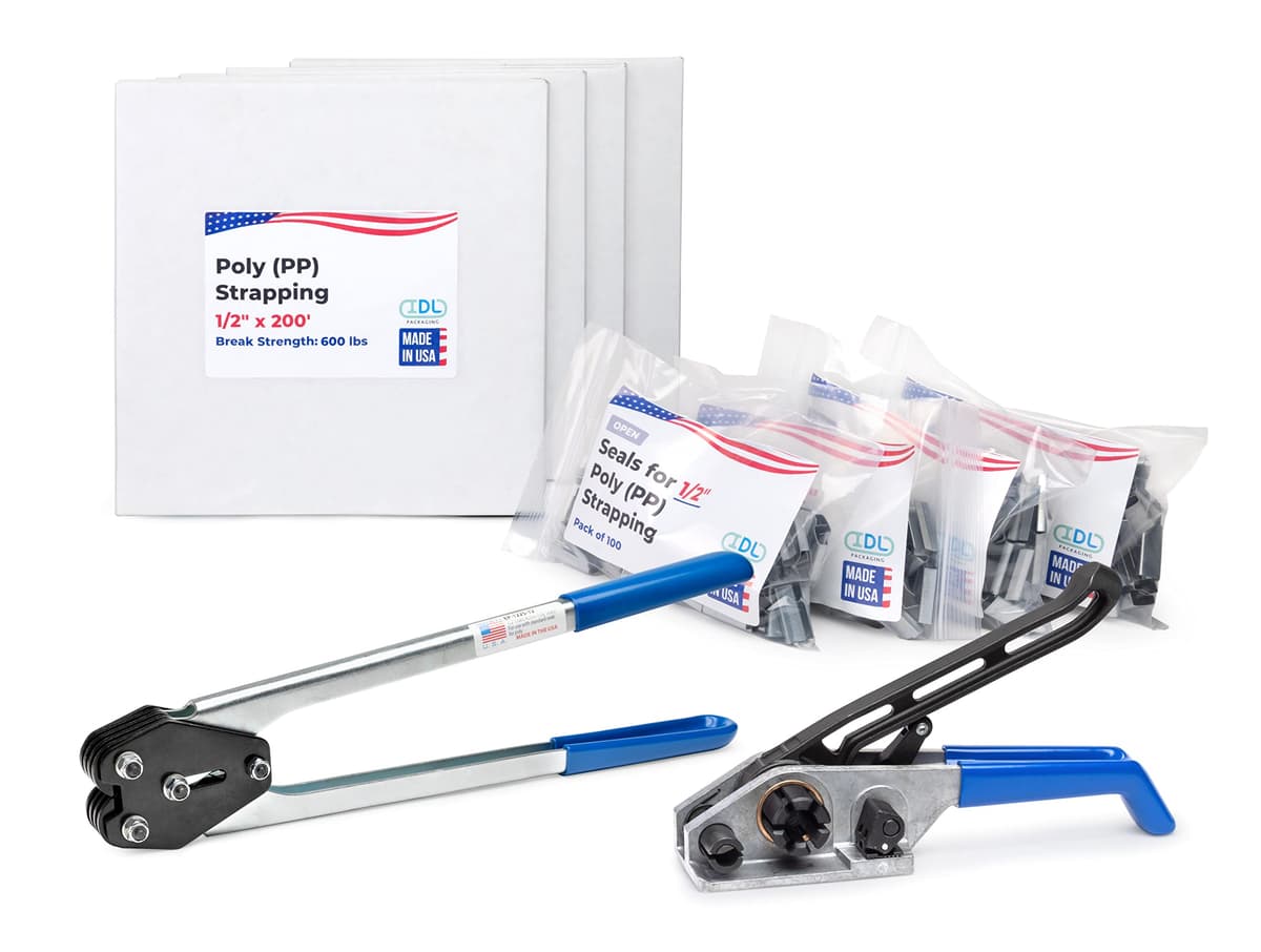 IDL Packaging Kit de Flejado PP 1/2" x 800' (600 lbs) - Herramientas y Sellos para 400 Usos US-PPSK.600.800