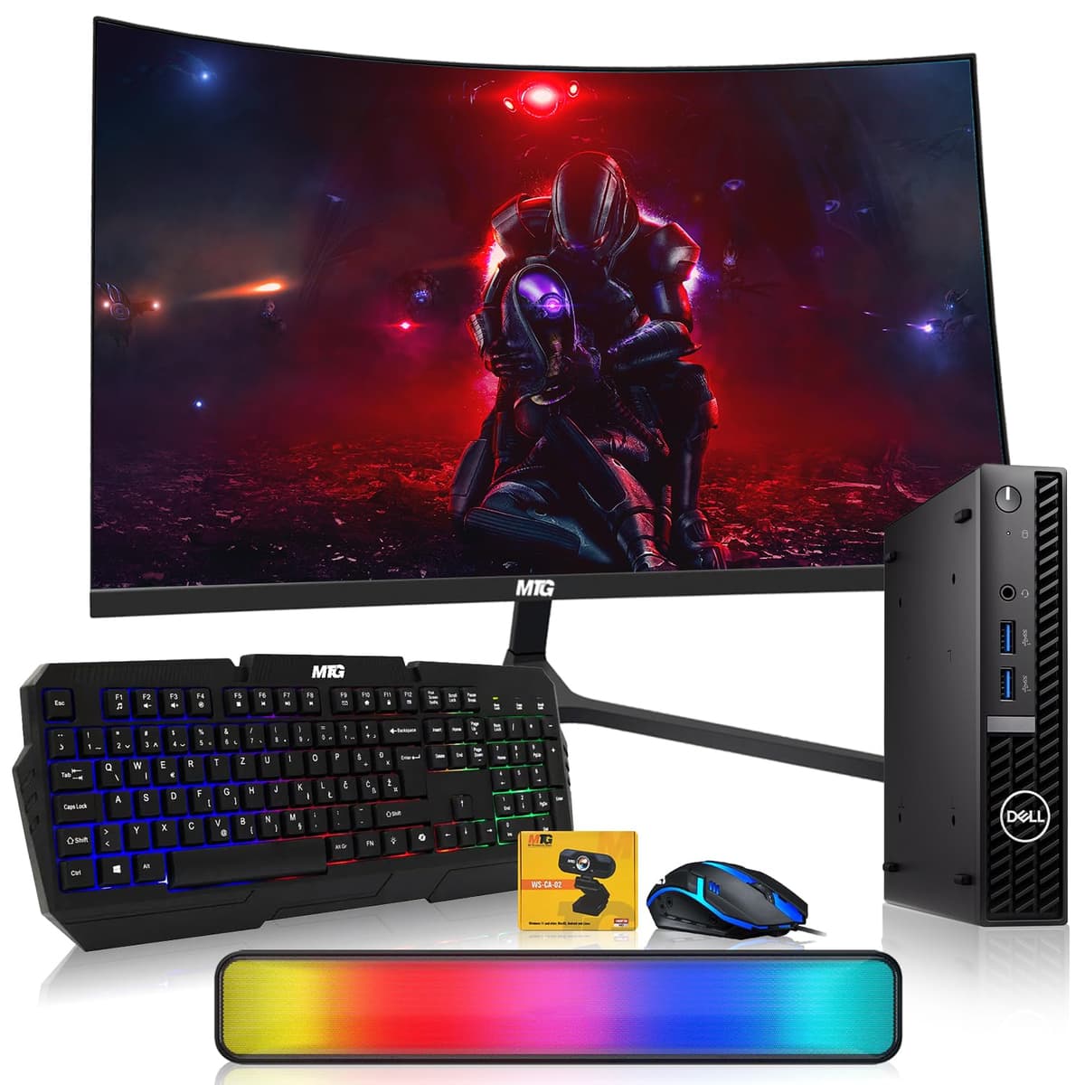 Dell Optiplex Tiny Mini, Intel Core i5, 32GB RAM, 512GB SSD, monitor curvo 27" + kit RGB (Renewed)