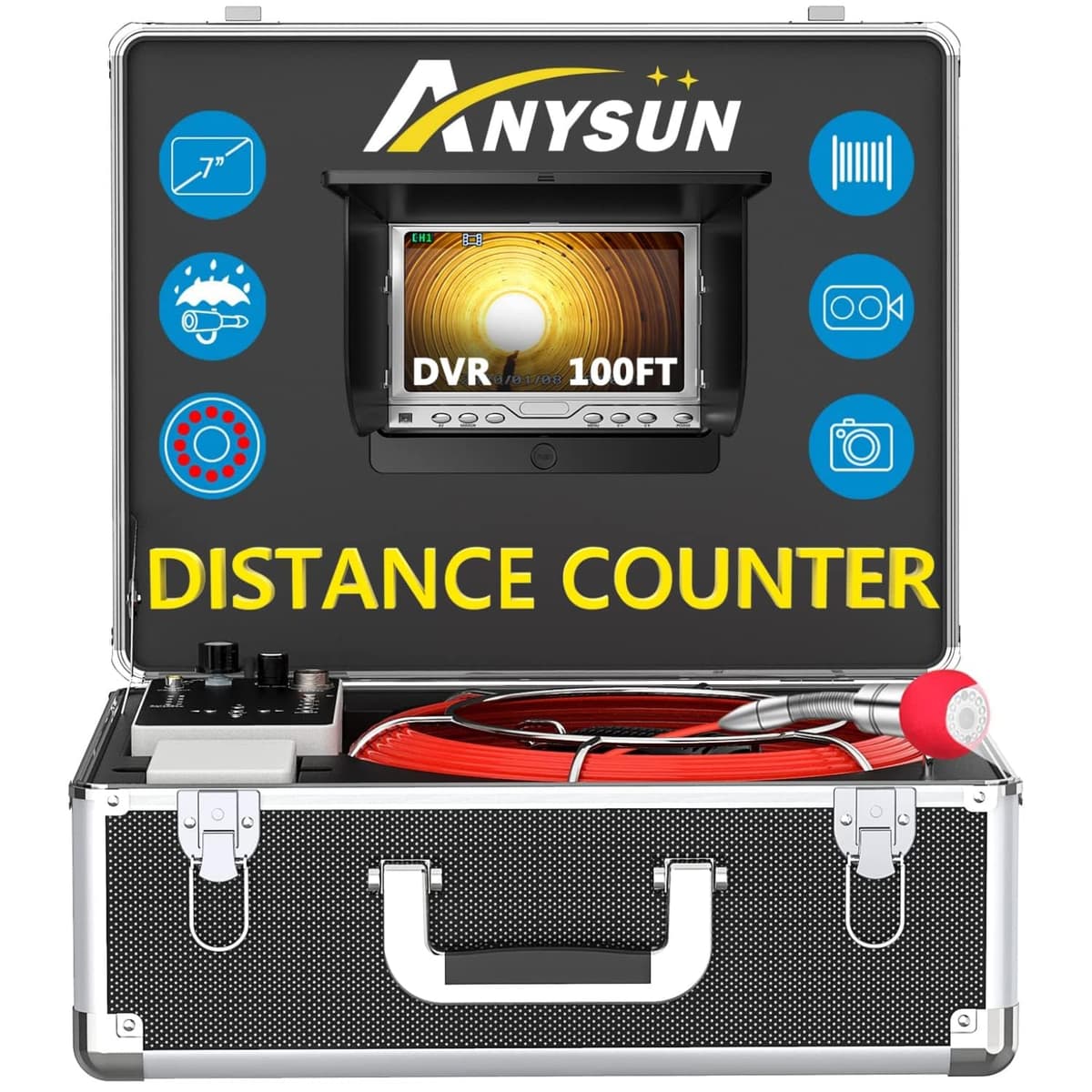 Anysun Sewer Camera 100ft Snake Cam con contador de distancia y DVR, monitor LCD 7", cámara IP68 impermeable (incluye 8GB SD) AK7D1
