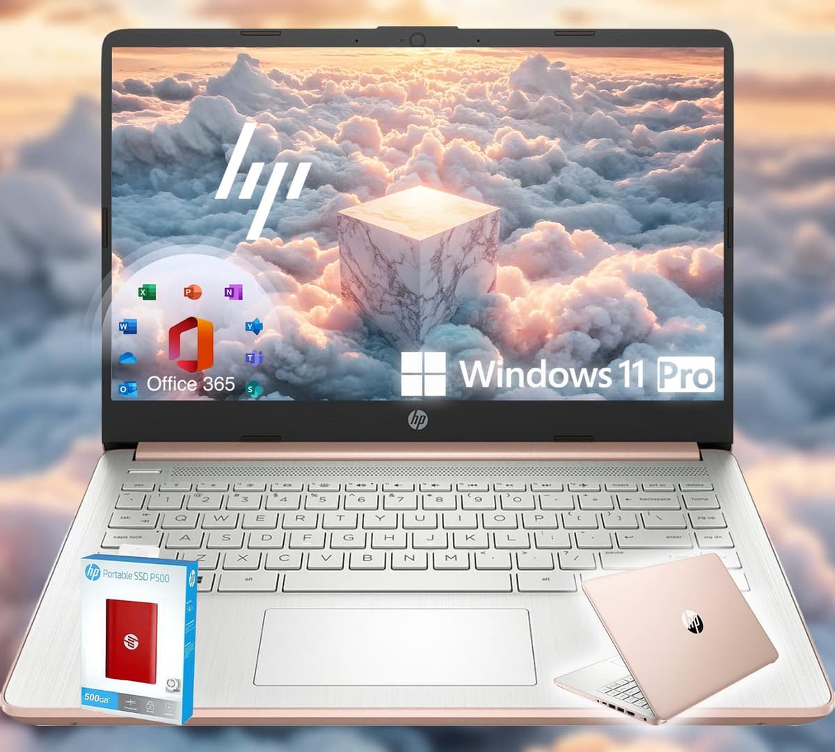 HP 14 Ultrabook • CPU Intel de 4 núcleos • Edición limitada Back to School con Microsoft 365 • 16 GB RAM • 1, 6 TB de almacenamiento (128 GB a bordo con HP 512 GB P500 SSD portátil + 1 TB OneDrive) • Win11 Pro • Rosa dorado
