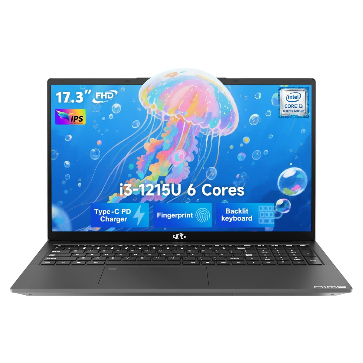 NIMO 17.3" IPS FHD Laptop, Intel 6 núcleos i3-1215U 16GB RAM 256GB SSD (rinde como i5-1135G7, hasta 4.4GHz) con cargador 65W Tipo C, sensor de huellas y teclado retroiluminado, para uso doméstico, estudiantes y negocios NIMO N171