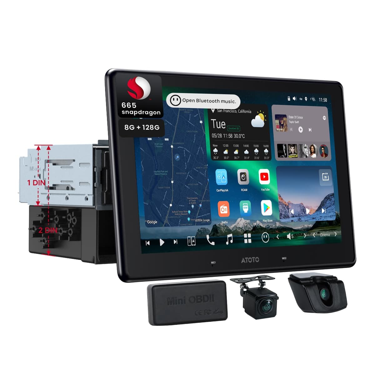 ATOTOMOVE X10 Estéreo para Auto Android 13 de 8 Núcleos 10.1" Single y Double Din con Cámara Dash 1080P Delantera y Trasera + Escáner OBD2 4 en 1, 8+128G Pantalla Flotante QLED Táctil, CarPlay y Android Auto Inalámbricos con ChatGPT X10 Ultra