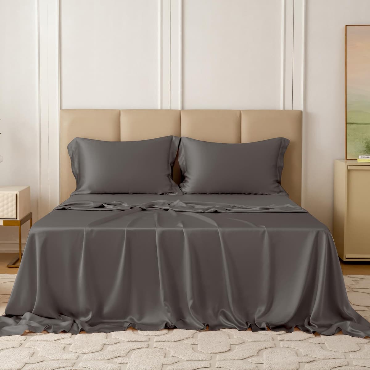 THXSILK Juego de sábanas de seda 4 piezas 22 Momme 100% seda Mulberry (Queen, Charcoal)