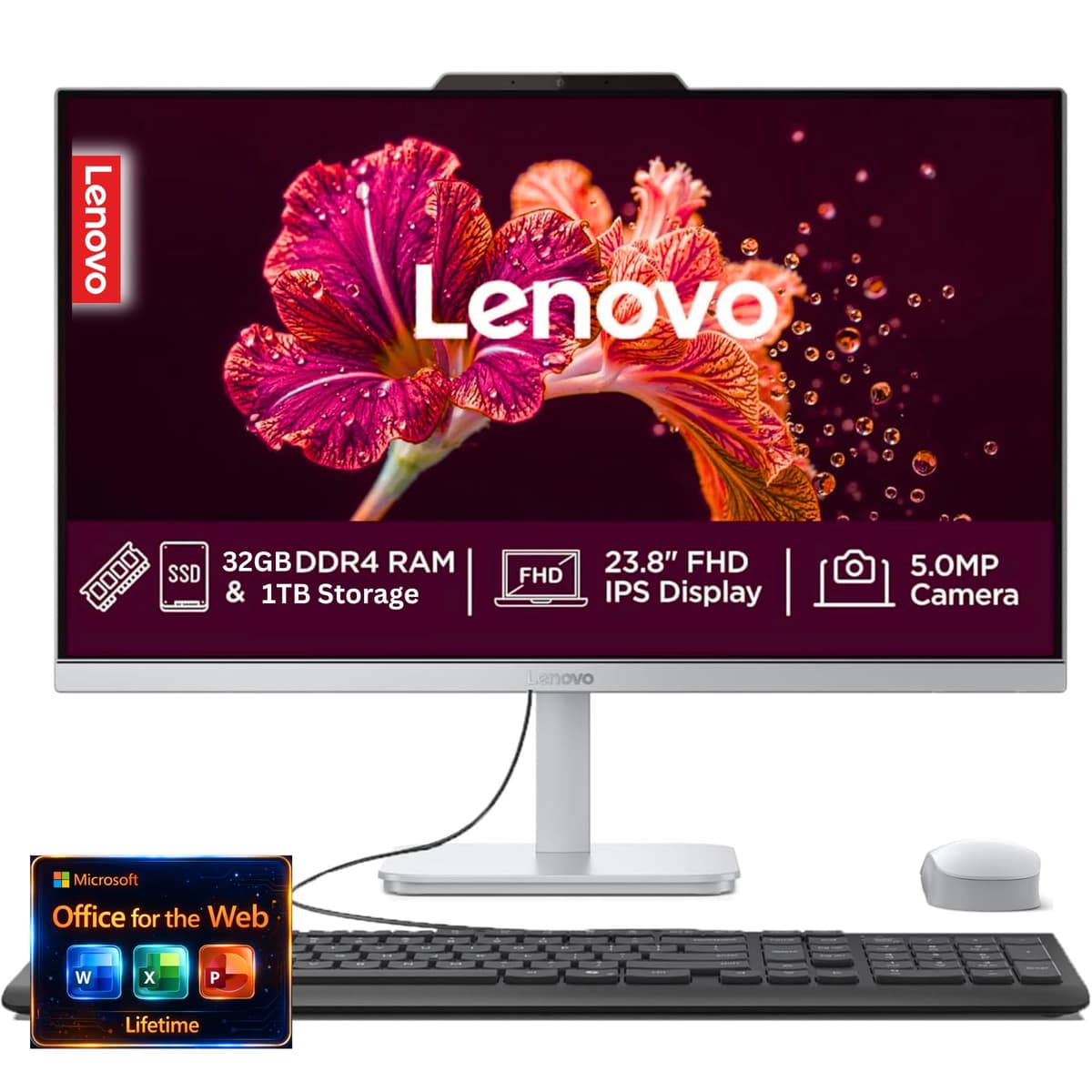 Lenovo All-in-One de 24" FHD - 32 GB RAM - 1 TB Almacenamiento - Intel 13ª generación i3 de 8 núcleos (Mejor que i5 11ª) | 512 GB SSD y 512 GB Externo, Teclado y Mouse, Win11, Office 365 de por vida para Web A27002T