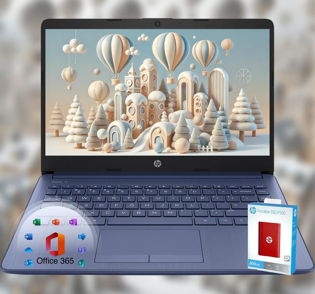 HP 14 Portátil • Edición Limitada Regreso a Clases con Microsoft 365 • CPU Intel de 4 núcleos • 32 GB RAM • 1600 GB Almacenamiento (64 GB en placa + SSD portátil P500 de 512 GB + 1 TB OneDrive) • Azul Real • Windows 11 Slim