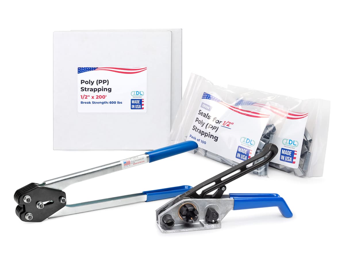IDL Packaging Kit de flejes PP 1/2" x 400' (600 lbs) - 200 sellos incluidos US-PPSK.600.400