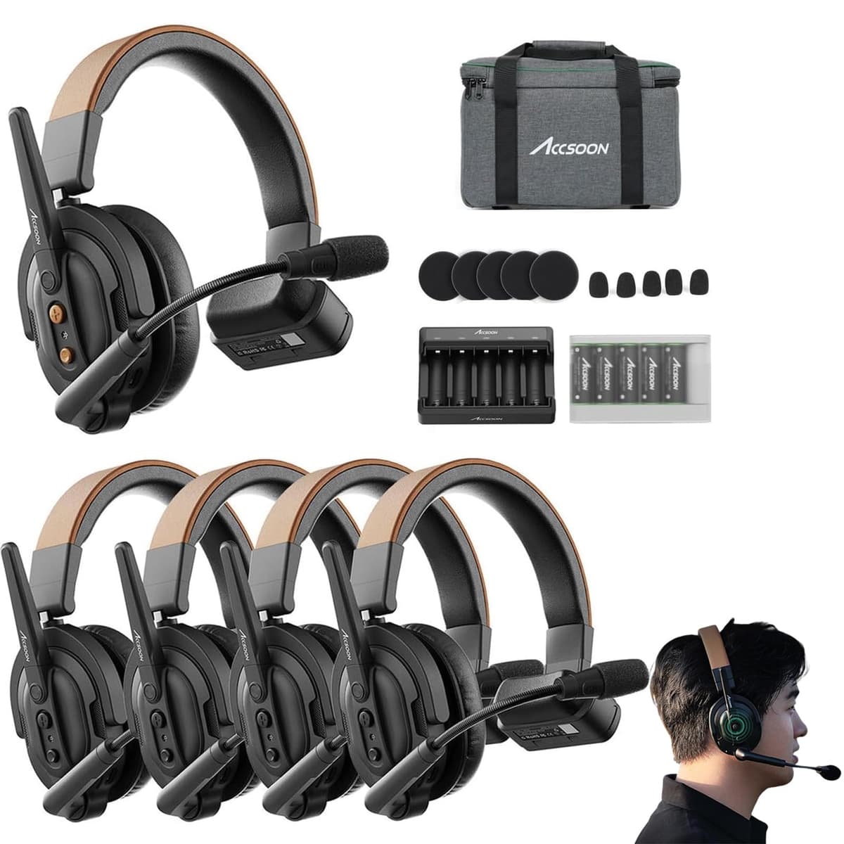 Accsoon Como SE Sistema de Intercomunicador Inalámbrico para Auriculares 5 Personas Full Duplex 400 m Comunicación en Equipo Conversación en Grupo, Batería de 30+ Horas Accsoon CoMo SE 1H4R