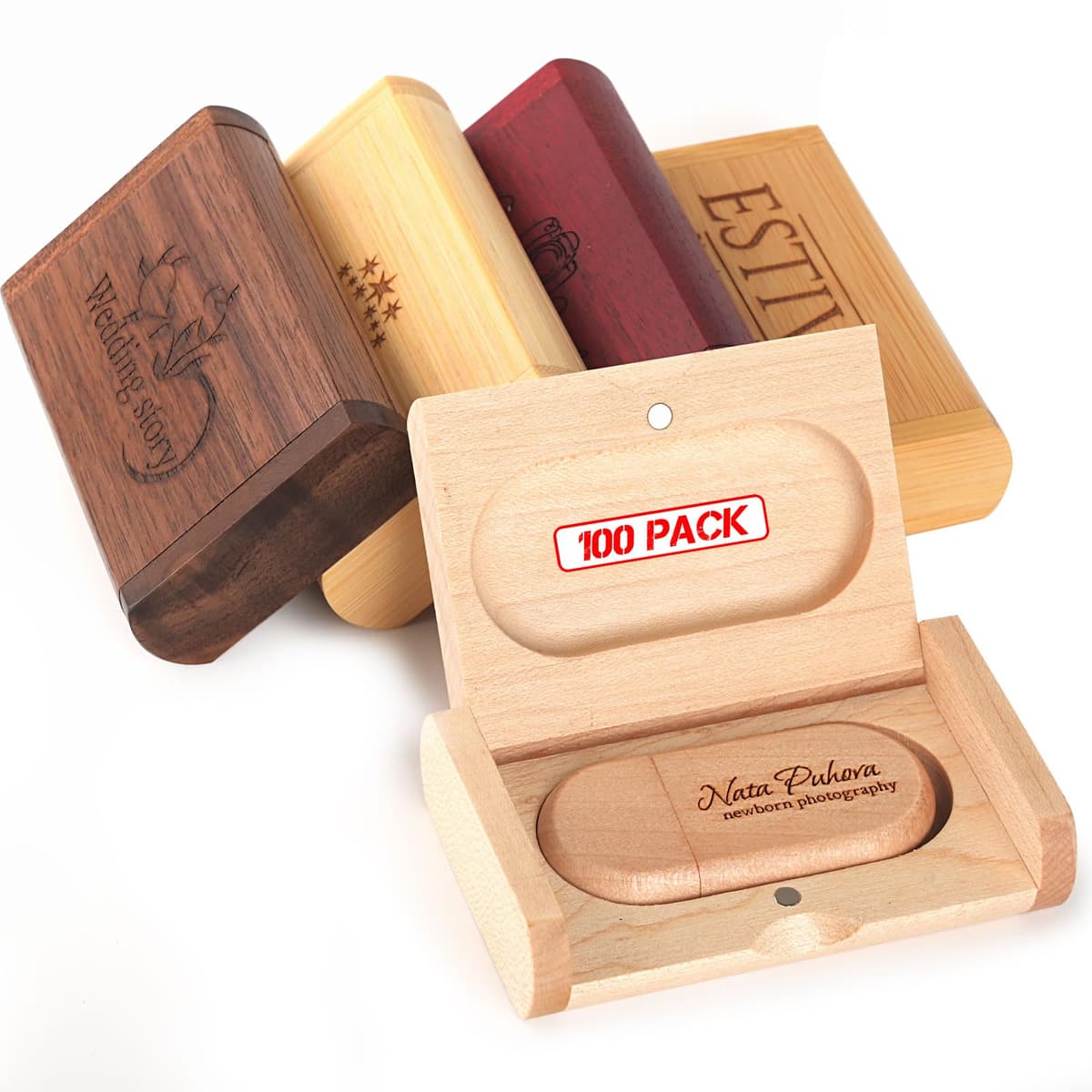 LRDWLN Pack 100 USB 3.0 Personalizados de Madera/Bambú 64GB - Grabado a Mano (con bolsas)