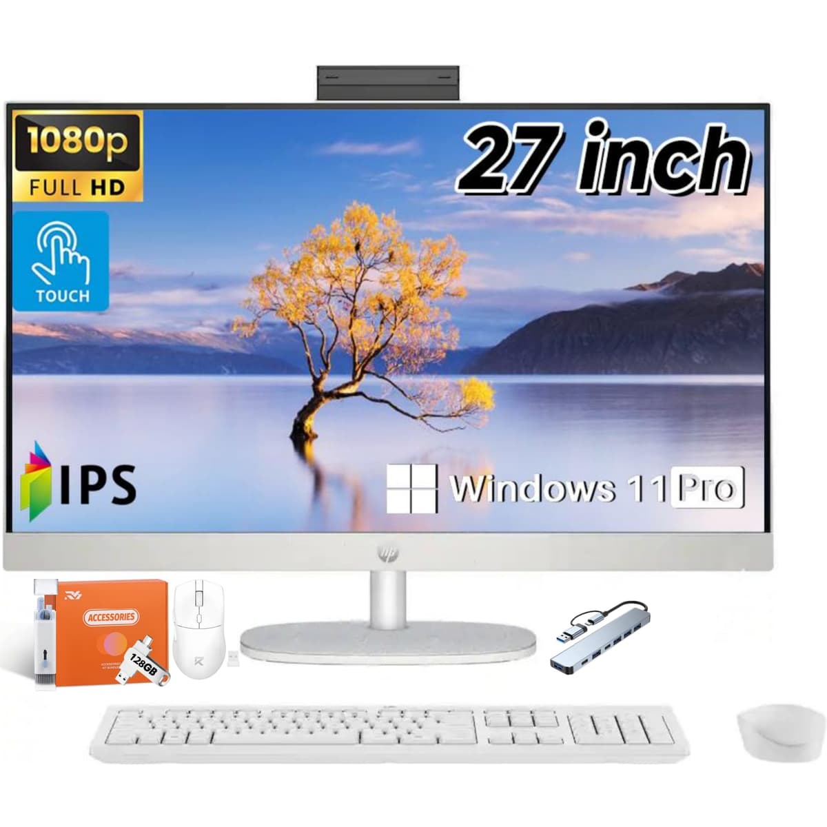 Computadora Todo en Uno HP, 27" Pantalla Táctil Full HD, Intel Ultra 7-155U (hasta 4.8 GHz), 32 GB DDR5, 1 TB SSD, Windows 11 Pro, Antirreflejo, Ángulo Ajustable, Wi-Fi 6, con Accesorios HP All in One Desktop Computer