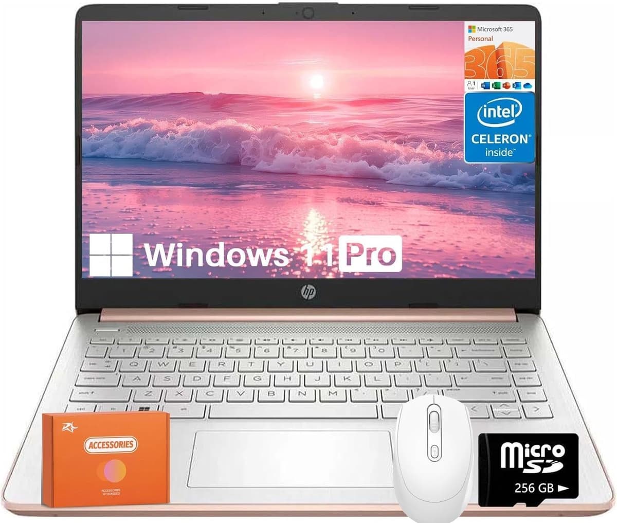 HP laptop de 14 pulgadas para estudiantes y negocios, Intel Celeron, 16 GB RAM, 384 GB almacenamiento (128 GB eMMC + 256 GB SSD), 1 año Office 365, Intel UHD Graphics, portátil y liviana, Windows 11 Pro, con mouse HP 14 laptop