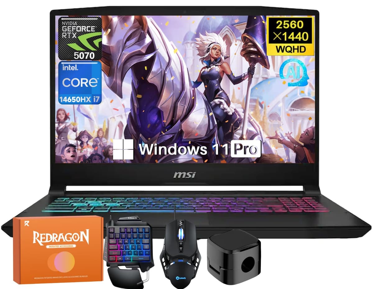MSI Katana 15HX Notebook Gamer 15.6" QHD (2560x1440) 165Hz, Intel Core i7-14650HX, GeForce RTX 5070 8GB GDDR7, 16 GB DDR5 RAM, 1 TB SSD, Teclado RGB, Copilot AI, Windows 11 Pro, con accesorios