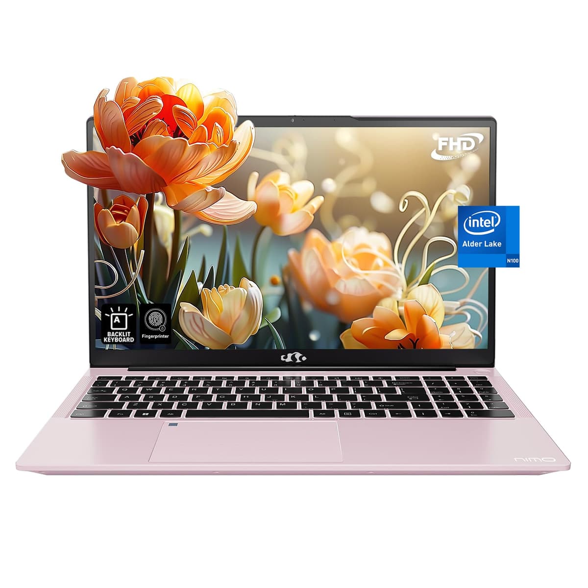 NIMO 15.6" IPS FHD Portátil, 16GB RAM 1TB SSD Intel Pentium Quad Core N100, Computadora con Teclado Retroiluminado Huella Dactilar (Rinde como i3-1115G4 hasta 3.4GHz) Portátiles para Estudiantes, Win 11 Rosa Dorado RIV001
