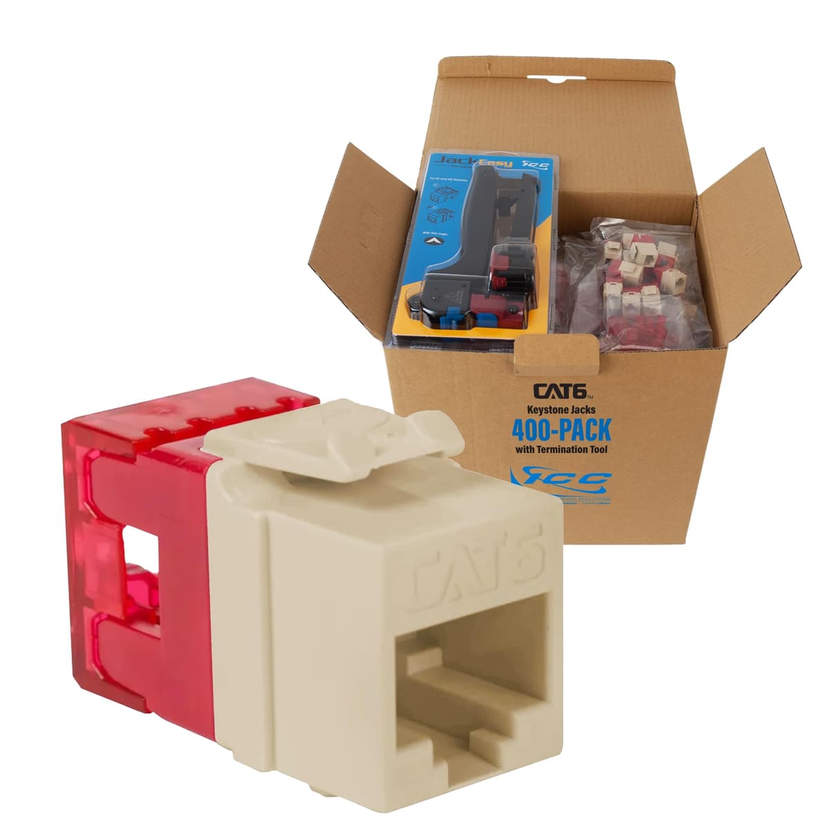 ICC CAT6 Keystone Jack Slim Perfil 180° Punch Down RJ45 PoE++ TAA Ivory 400 Pack con JackEasy IC107F6VIV