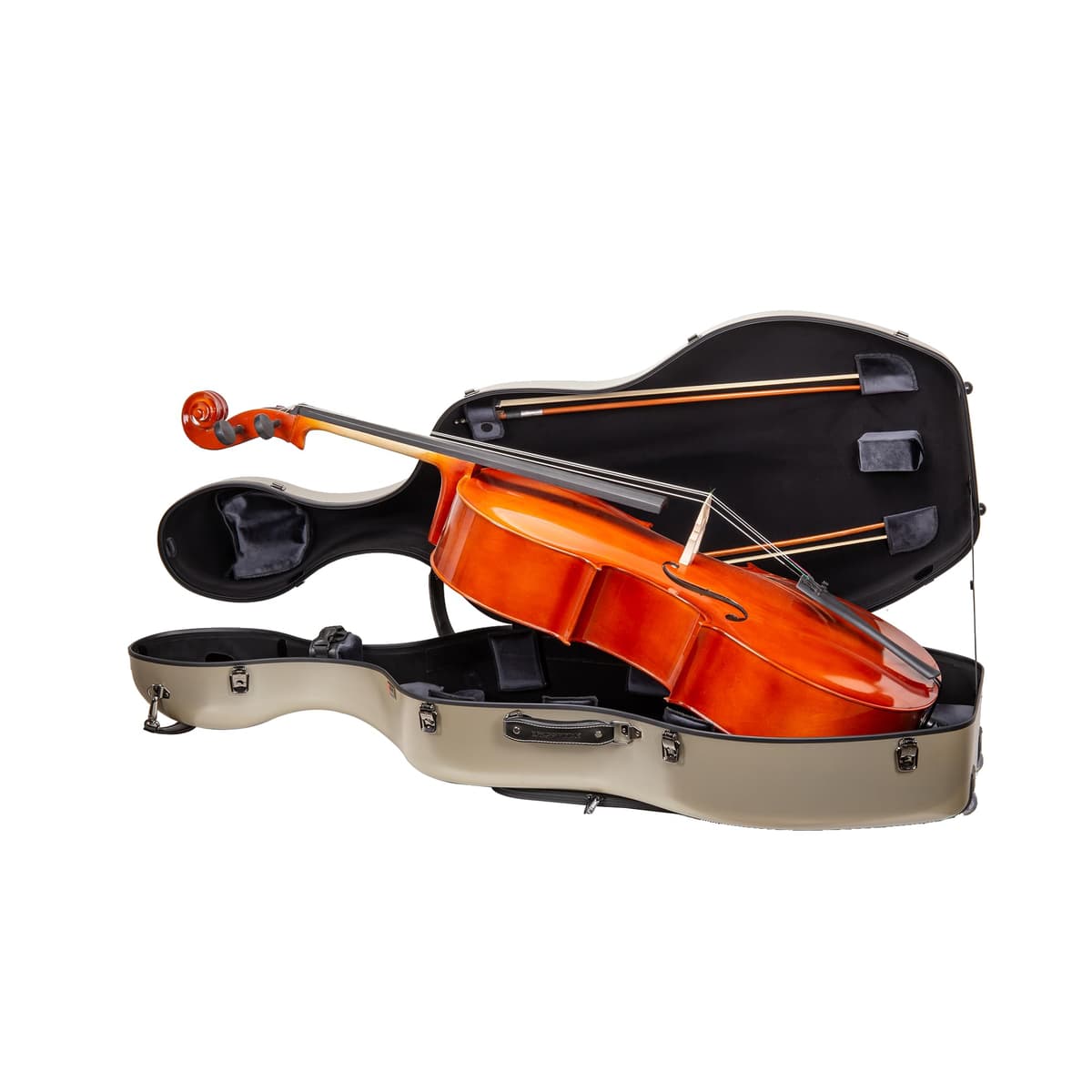 Funda Crossrock Poly Carbon para cello 4/4 - Champagne Mate, interior terciopelo negro, ruedas y bolsillo para partituras CRF4050CEFCH