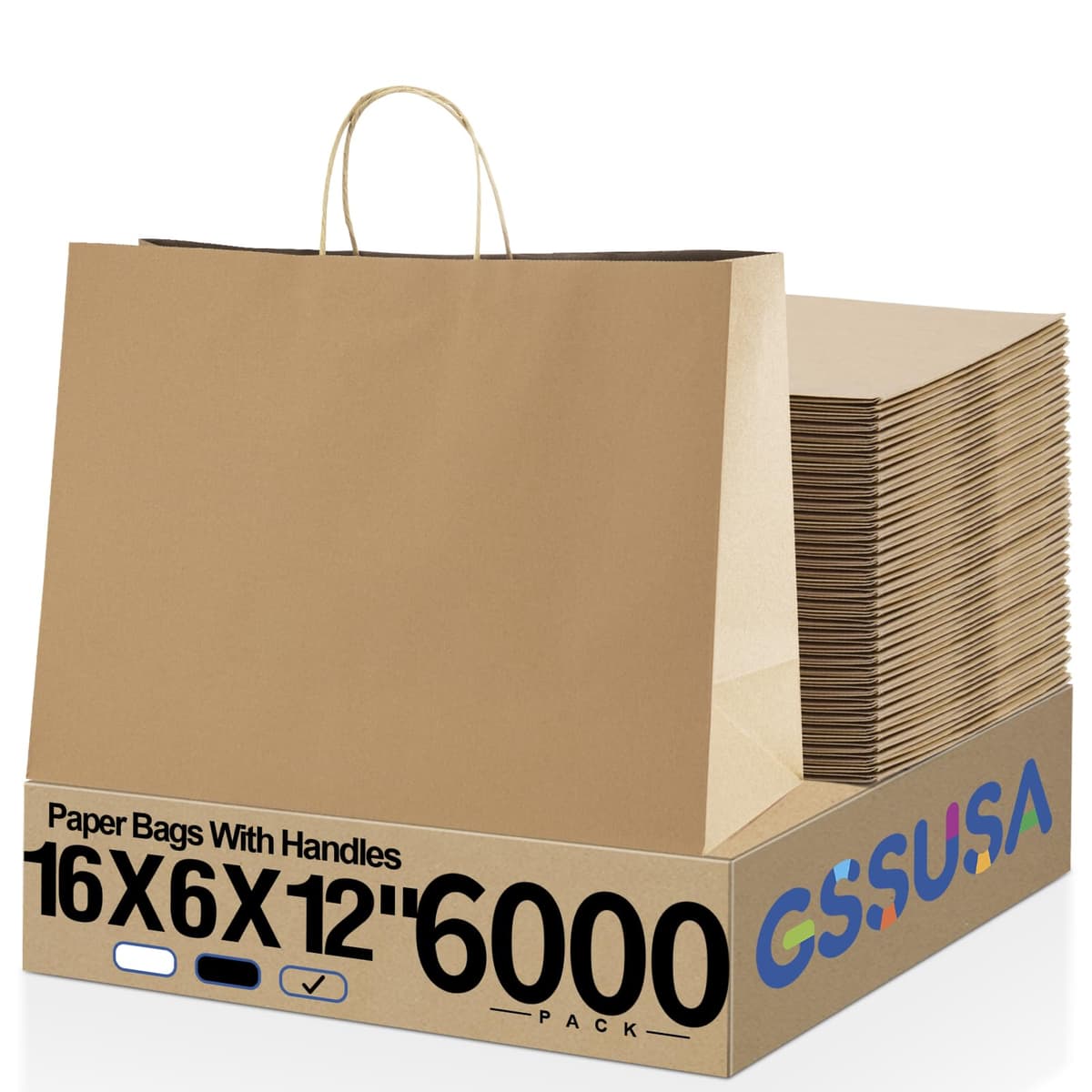 GSSUSA 16x6x12 Inches Paper Bags with Handles - 6,000 pack (Brown)