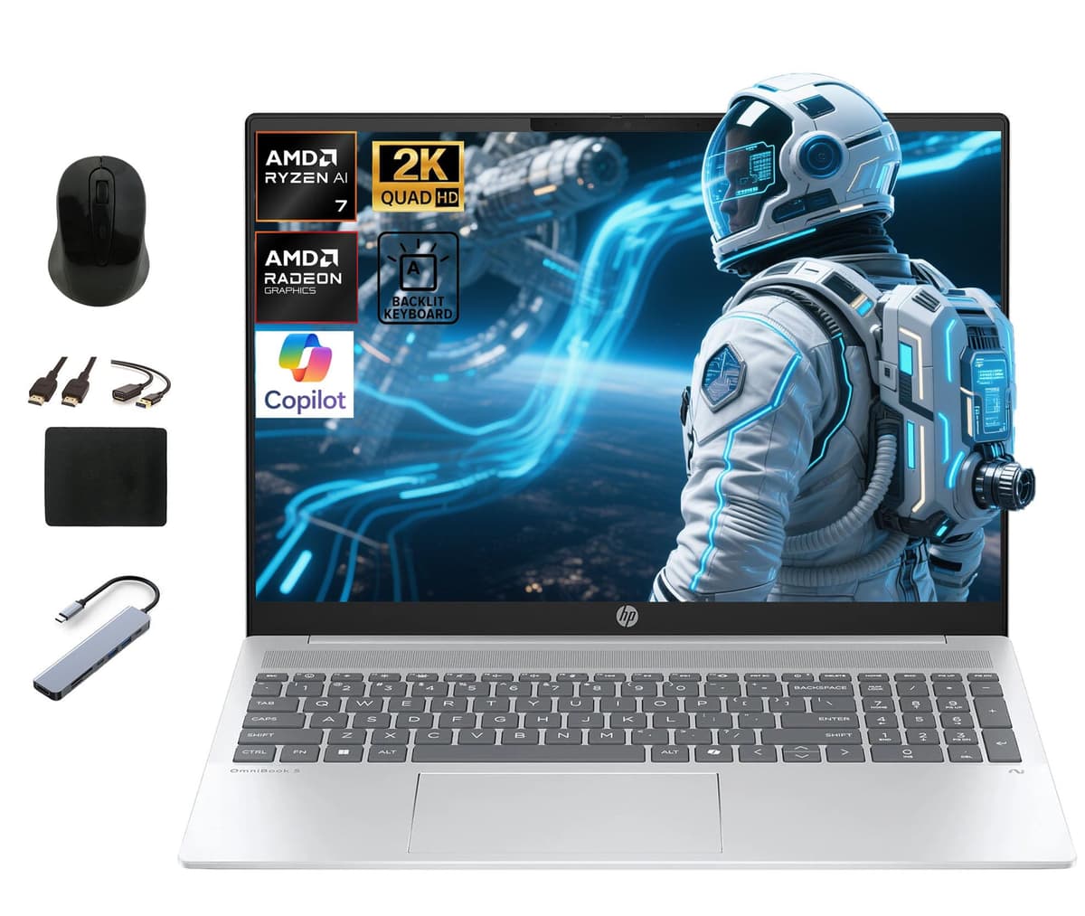 HP OmniBook 5 Copilot AI Business Laptop 16" 2K, AMD Ryzen AI 7 CPU hasta 5 GHz (50 NPU Tops), 16 GB LPDDR5x RAM, 1 TB SSD PCIe, teclado retroiluminado, Windows 11, con accesorios