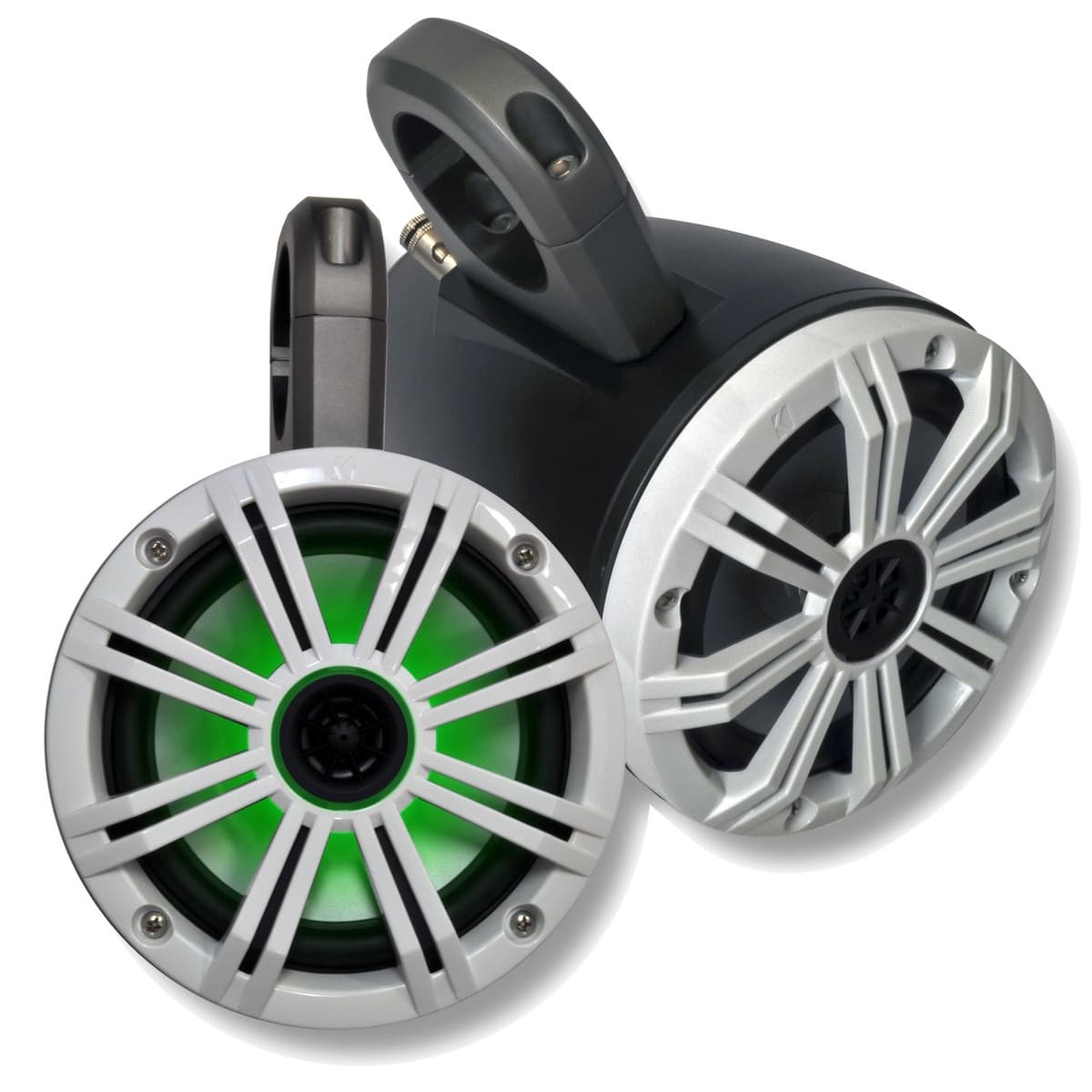 KICKER Sistema de torre wake Black con parlantes marinos RGB LED blancos de 6.5" (par) (2)BKM6LW+12KMTES
