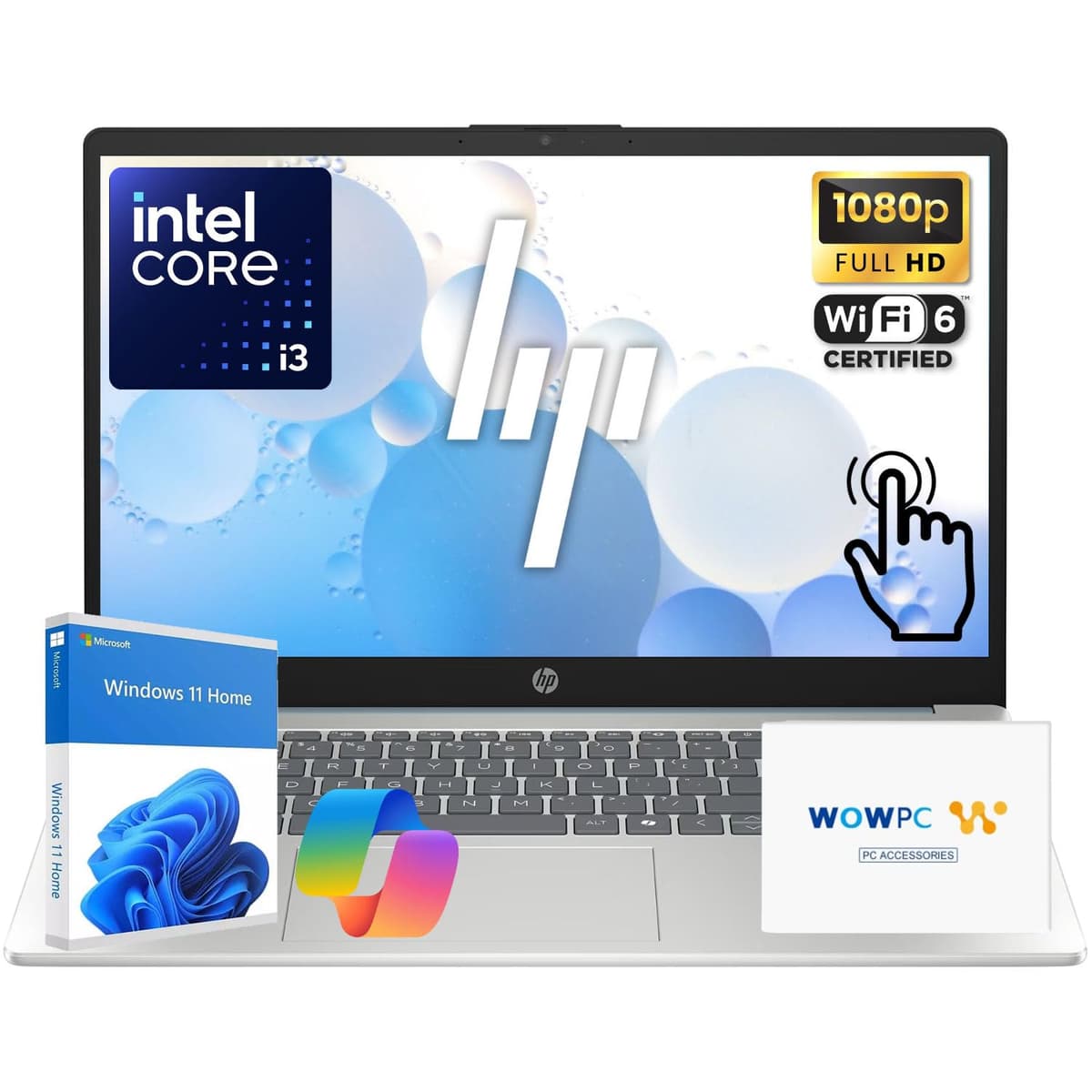 HP Pavilion 15.6" FHD táctil | Intel Core i3 | 16GB DDR4 | SSD PCIe 2TB | Win 11 con mejoras de IA | Teclado numérico | Wi-Fi 6 y cámara HD | WOWPC USB | Hasta 10 h de batería para trabajo y estudio