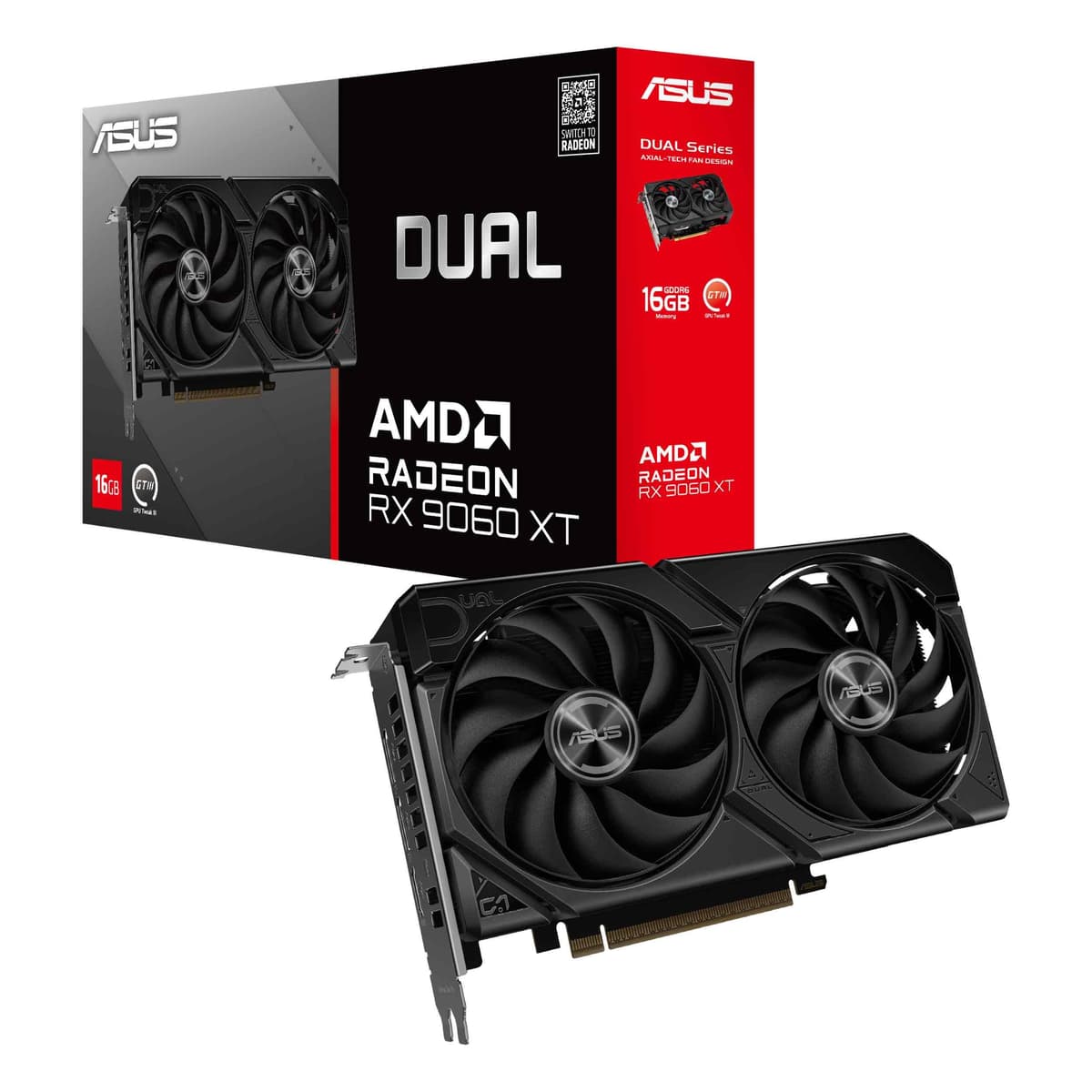 ASUS Dual Radeon RX 9060 XT 16GB GDDR6 Tarjeta Gráfica (PCIe 5.0, HDMI 2.1b, DisplayPort 2.1a, Diseño de 2.5 ranuras, Disposición de ventiladores Axial-tech, Tecnología 0dB y más) DUAL-RX9060XT-16G