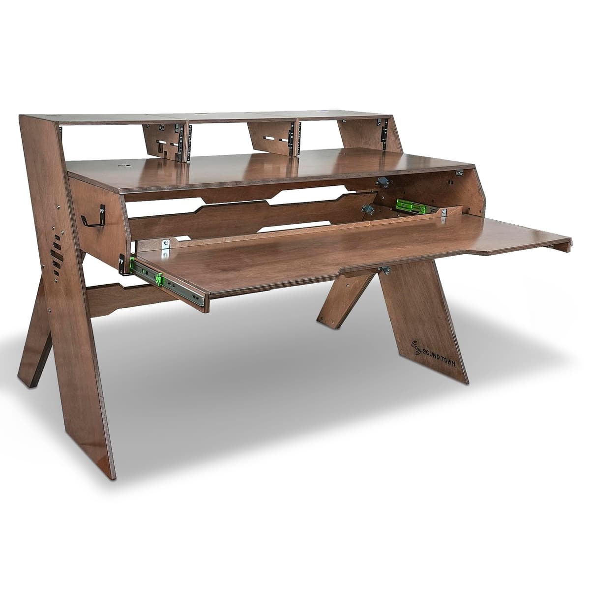 Sound Town SDRK-PF60 Studio Workstation Desk - 58.7" x 26.7", 3 x 3U Rack Bays, Adjustable Tray, Weathered Brown