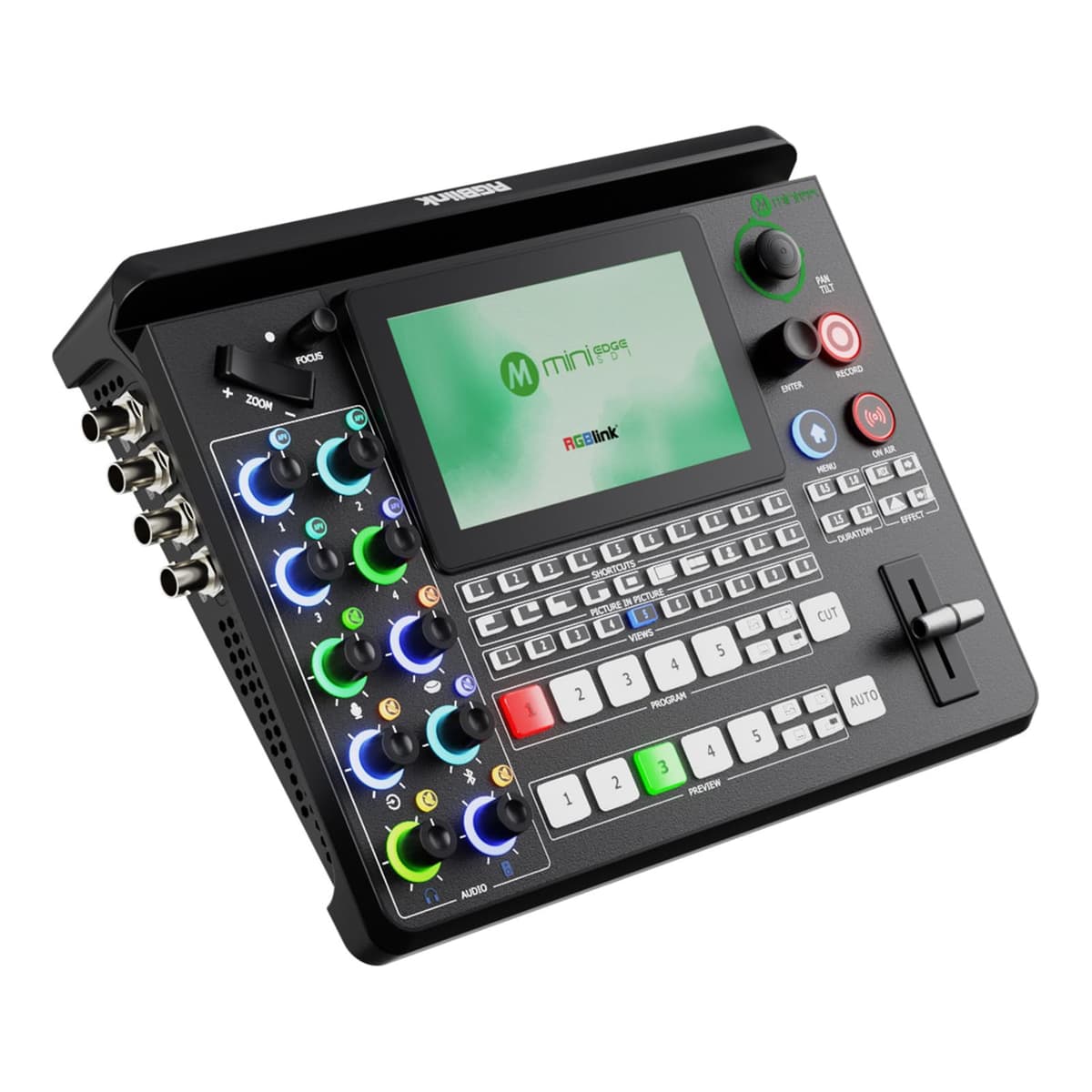 RGBlink mini-Edge SDI All in One Pro Live Streaming Multi-Camera Video Mixer Switcher Recorder con 4K HDMI/SDI, pantalla 5.5", control PTZ, NDI/UVC, mezclador de audio de 8 canales