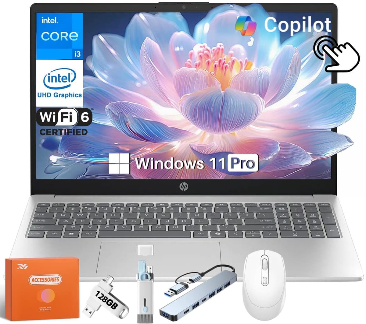 HP 2025 Business Laptop, Pantalla táctil HD de 15.6", Intel i3-1315U (4.5 GHz), 32 GB RAM, SSD de 1 TB, Wi-Fi 6E, Copilot AI, Gráficos Intel UHD, Windows 11 Pro, Carga rápida, Larga duración de batería, con accesorios