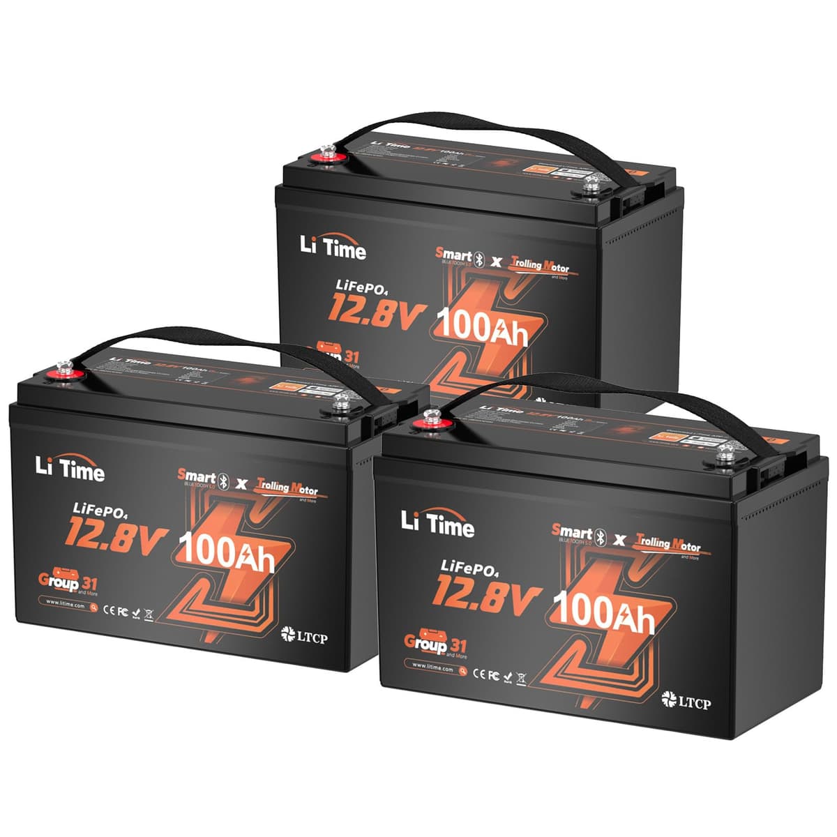 Litime Batería LiFePO4 12V 100Ah Group 31 con Bluetooth - 100A BMS (3-Pack) L12V100-100-TM-BT-4-A100-Pack3-1