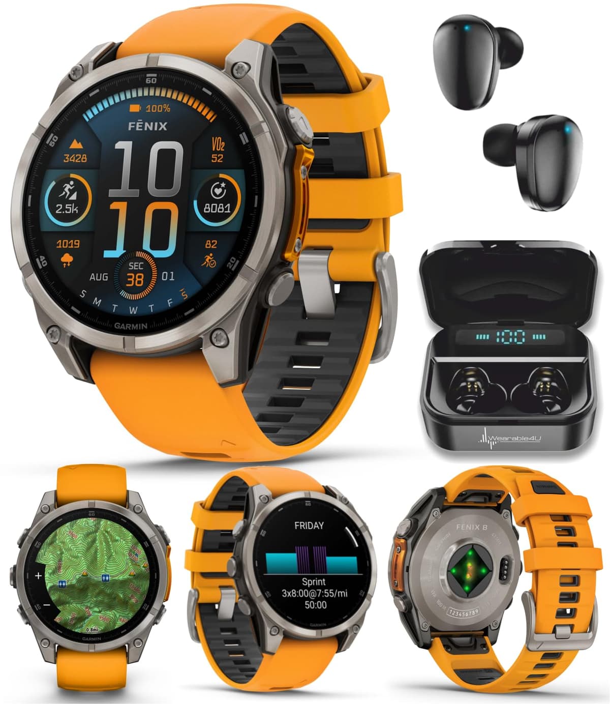 Wearable4U Garmin Fenix 8 47 mm AMOLED Sapphire Titanium con correa Spark Orange/Graphite y auriculares negros TWS X7