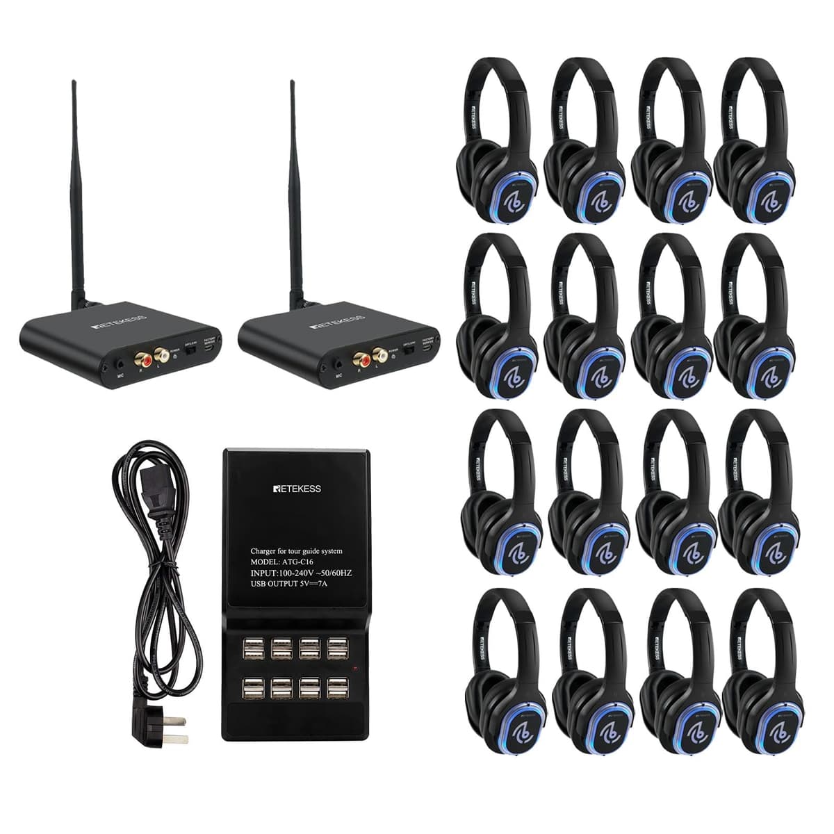 Retekess TA003 Sistema Silent Disco (2 transmisores, 16 audífonos)