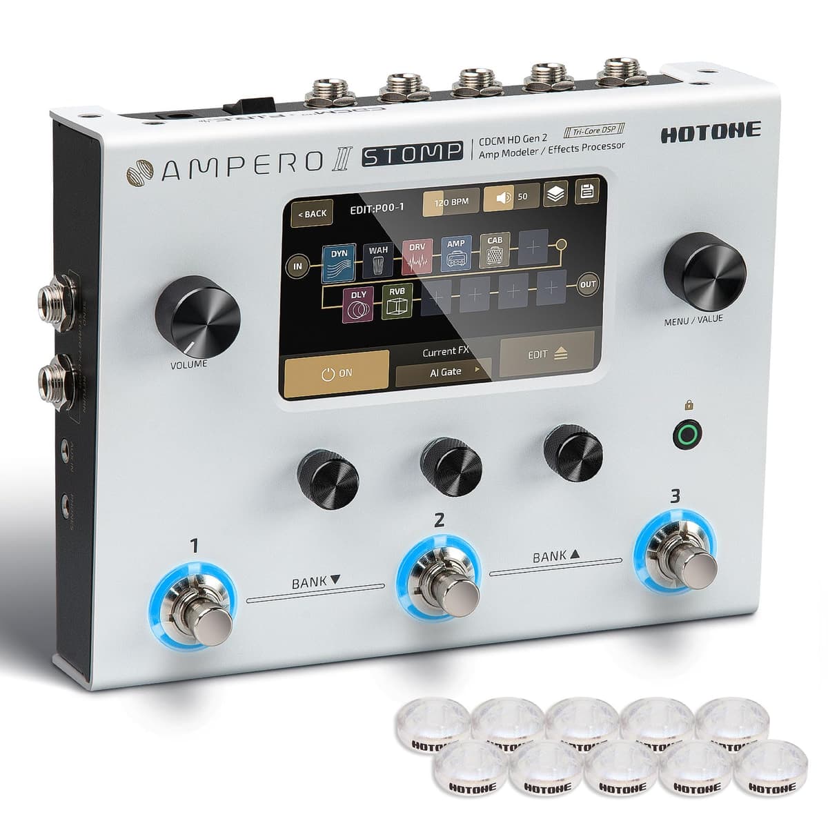 HOTONE Procesador multiefectos para guitarra y bajo, multipedal de efectos con pantalla táctil, modelado de AMP y simulación de gabinetes IR (incluye 10 tapas adicionales para pulsadores)