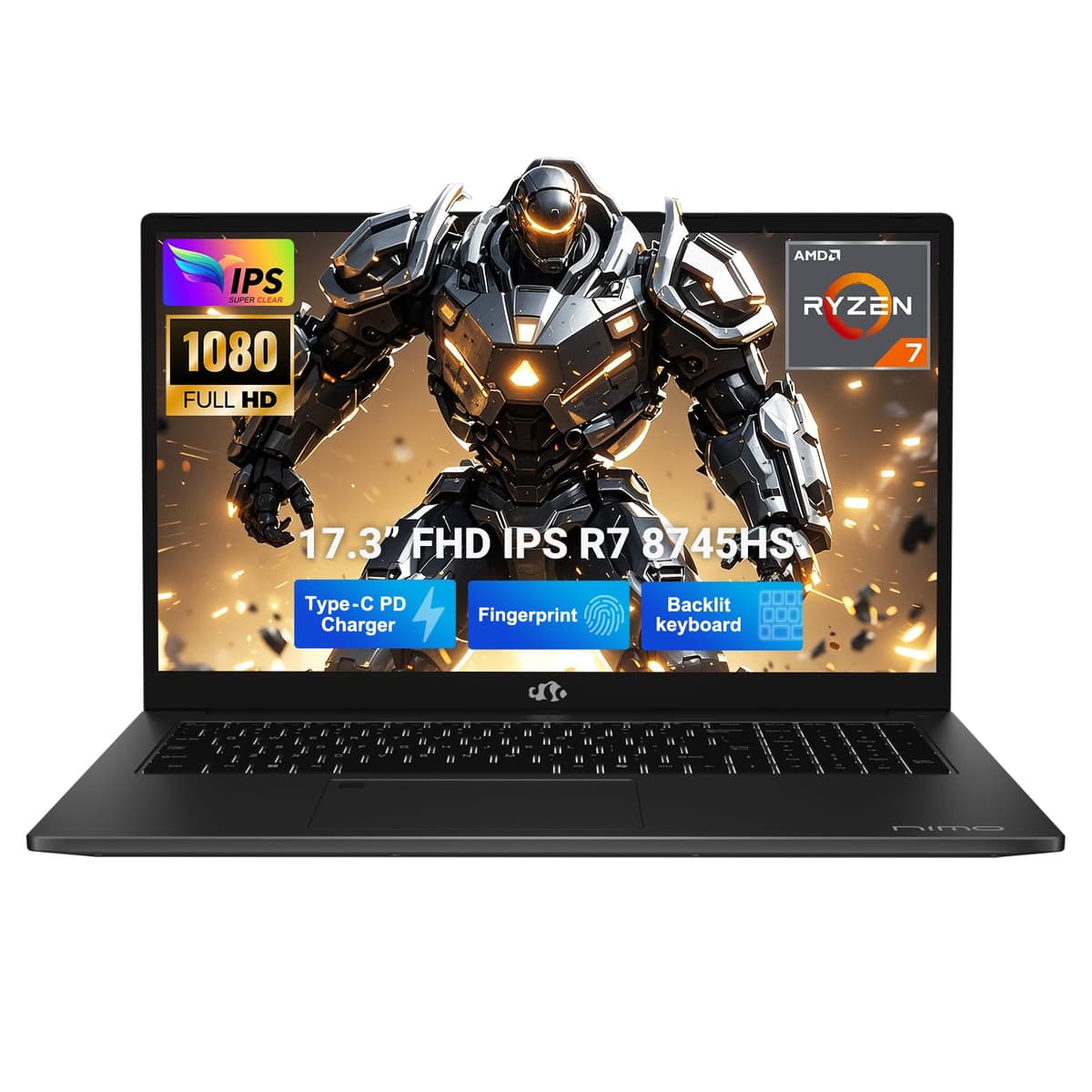 NIMO 17.3" FHD IPS Laptop, AMD Ryzen 7 8745HS de 8 núcleos hasta 4.9 GHz, 32GB DDR5 RAM, 1TB SSD, Gráficos AMD Radeon 780M, Cargador rápido Type-C 100W, Teclado retroiluminado, Lector de huellas, USB 4.0 ARN79