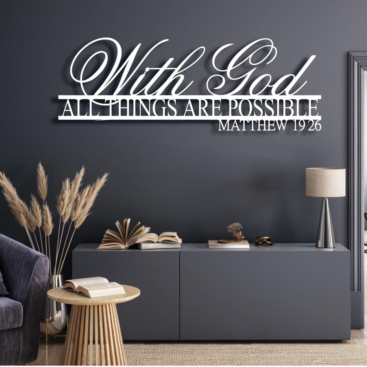 lunwall Decoración de pared metálica "With God All Things Are Possible" Mateo 19:26, blanca, 79" x 28" WITHGOD001
