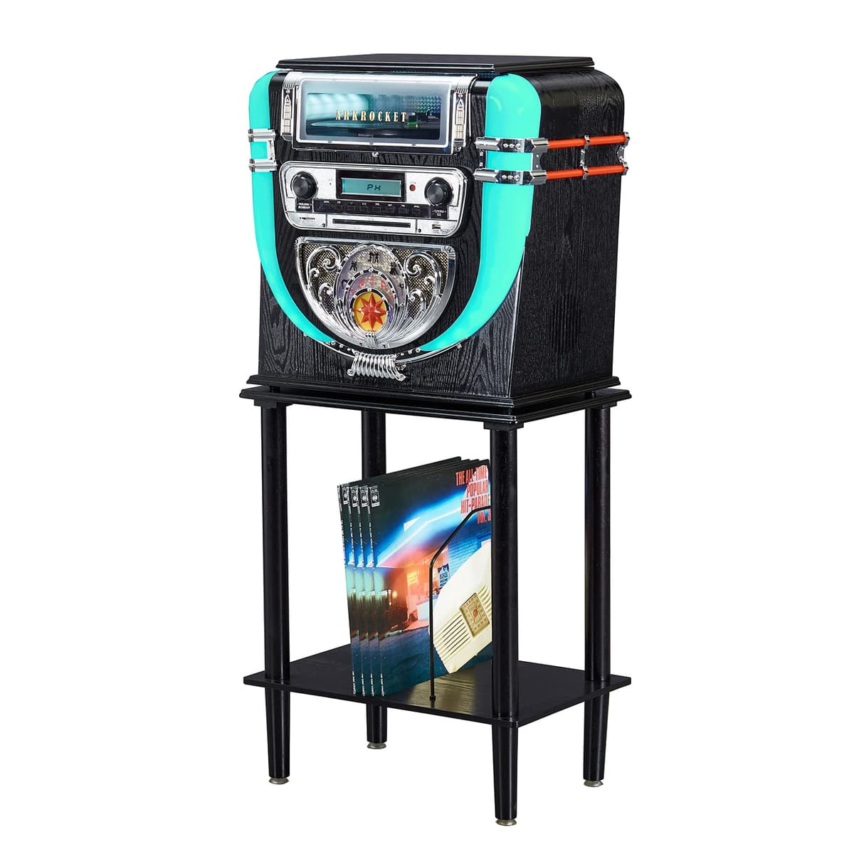 Arkrocket Boston Jukebox Tabletop Record Player con Stand, Bluetooth, CD, FM, SD, USB AR09
