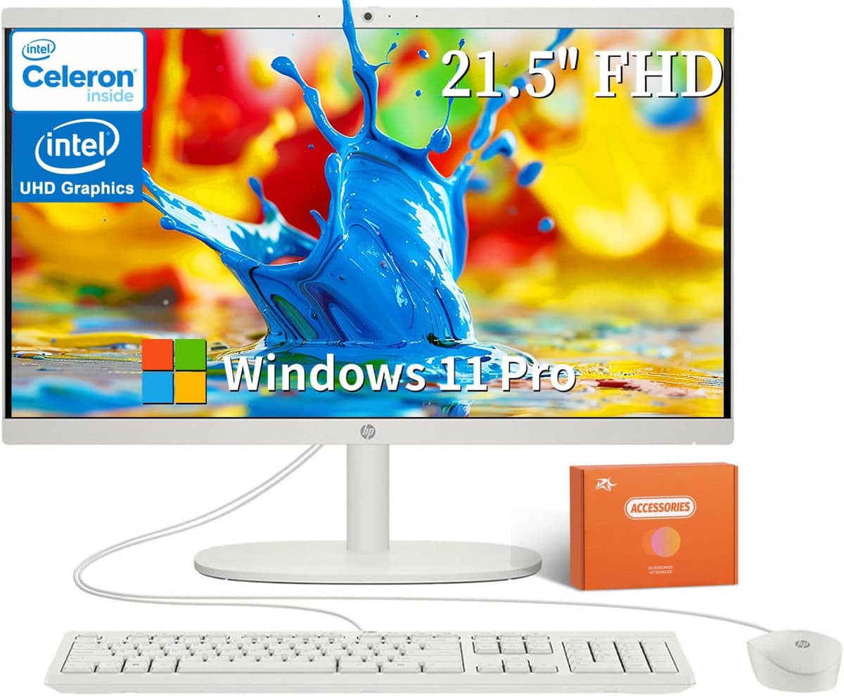HP 2025 Computadora de Escritorio Todo en Uno, Procesador Intel Celeron J4025, Pantalla FHD de 21.5", 32 GB RAM, SSD de 1 TB, Wi-Fi 6, Cámara web, Teclado y mouse cableados, Windows 11 Pro, con accesorios HP All-in-One Desktop PC