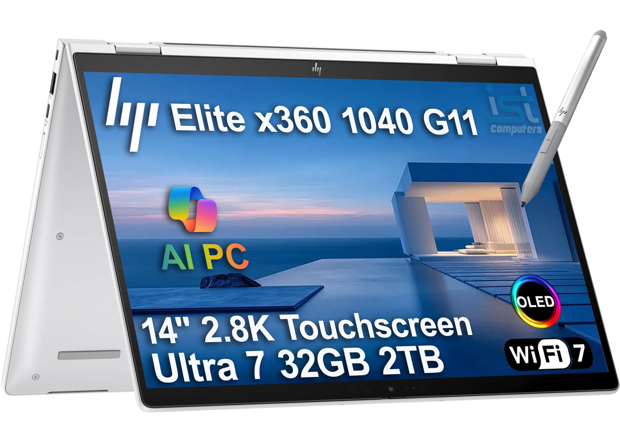 ist computers HP EliteBook x360 1040 G11 14" 2 en 1 con pantalla táctil (Intel Ultra 7 155H, 32 GB RAM, SSD 2 TB, lápiz recargable, OLED QHD 2.8K) PC empresarial con IA, Elite X Flip G1i, retroiluminado, lector de huellas, cámara IR, Windows 11 Pro HP Elite x360 1040 G11