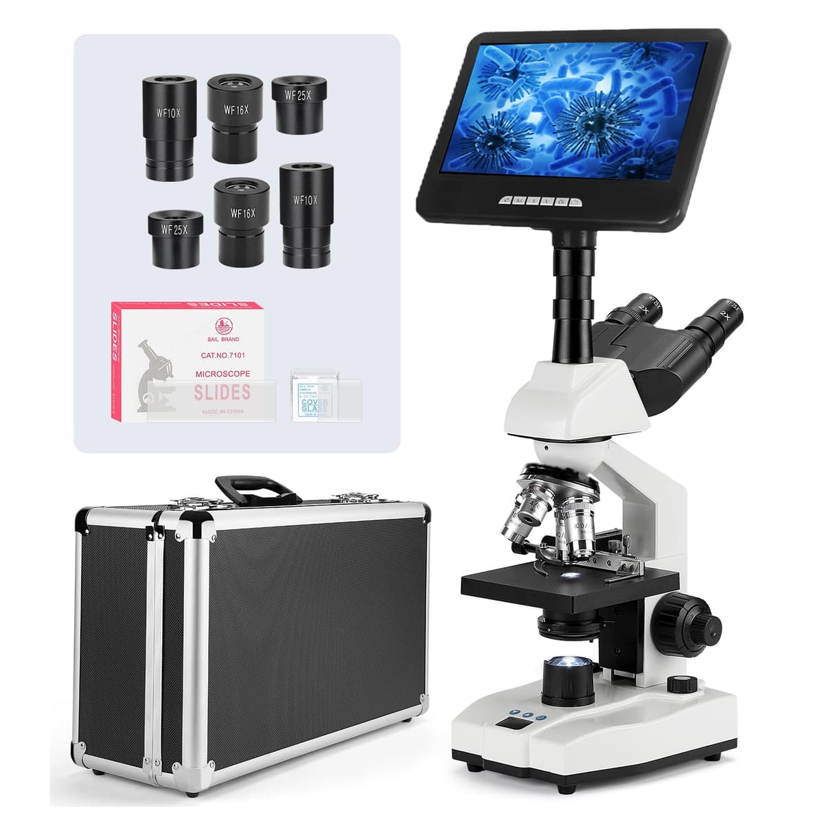 Vabiooth Microscopio trinocular con monitor 24MP y platina de temperatura 0-50℃, 40X-2500X VB-M003-SM-US