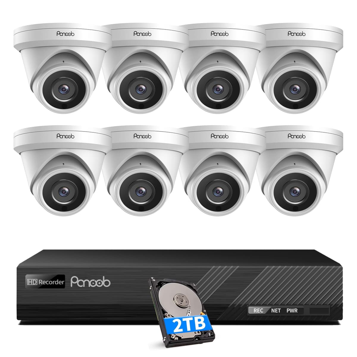 Sistema de Cámaras de Seguridad PANOOB 4K PoE, 8X Cámaras Domo 8MP Exterior/Interior, Detección AI de Personas/Vehículos, Micrófono Integrado, Acceso Remoto, NVR 4K 8CH con HDD 2TB, PD93A0808-8M-1