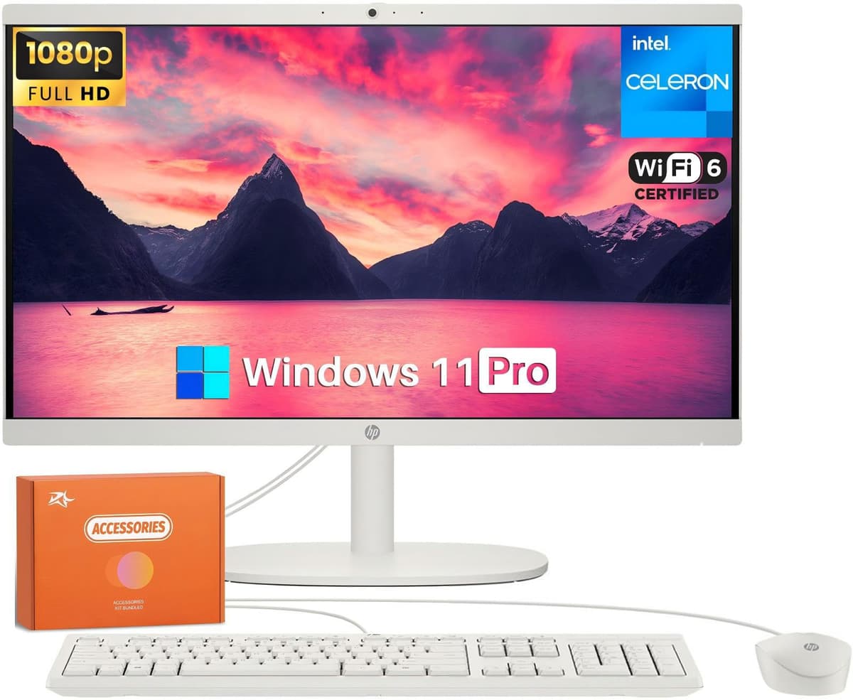 Computadora de Escritorio Todo en Uno HP para el Hogar, Intel Celeron J4025, 21.5" FHD Antirreflejo, WiFi 6, 16 GB DDR4,512 GB SSD, Pendrive 1 TB, PC para el Hogar, Teclado y Mouse Cableados, Windows 11 Pro, Con Accesorios HP All-in-One Desktop PC