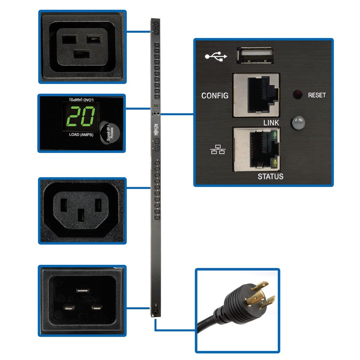 PDU Monitoreado Tripp Lite 3.3-3.7 kW 20 C13 4 C19 Salidas 208/230V 20A C20/L6-20P Plataforma LX 0URM TAA (PDUMNV20HVLX)