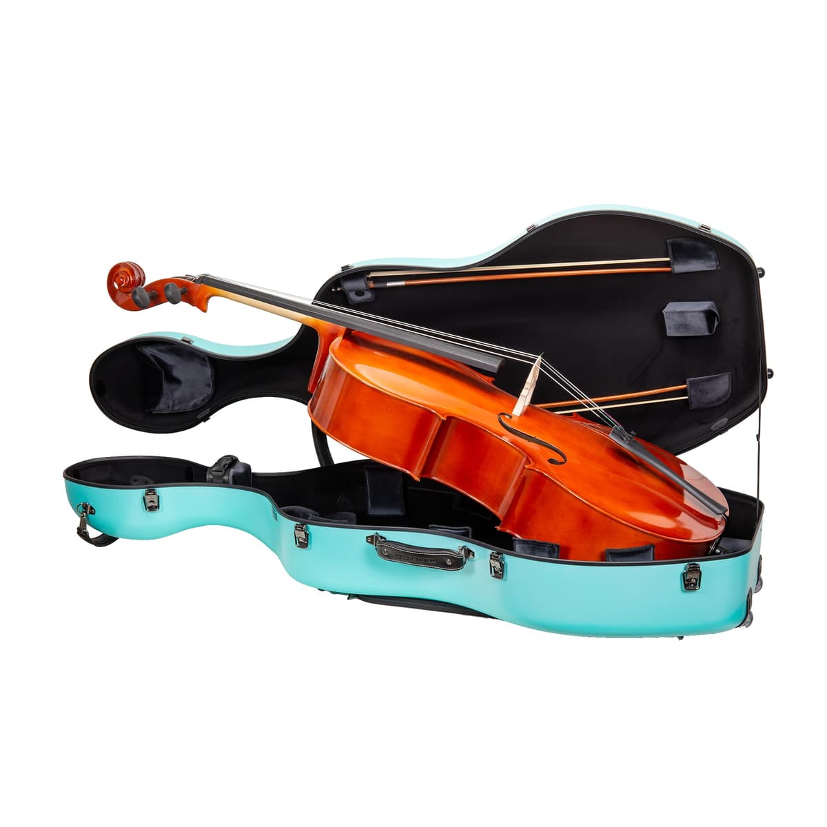 Funda Crossrock Poly Carbon para cello 4/4 - Mint Blue Mate, interior terciopelo negro, ruedas y bolsillo para partituras CRF4050CEFMB
