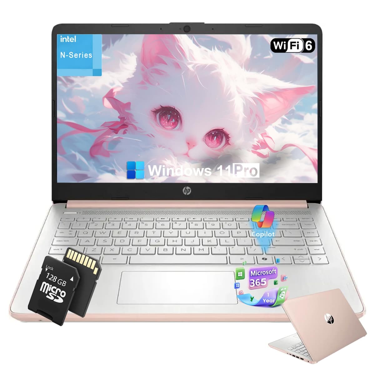 Portátil HP de 14 pulgadas para Estudiantes y Negocios - Procesador Intel de 4 núcleos, 16 GB RAM, 128 GB UFS y 128 GB tarjeta SD, AI Copilot, 1 año Office 365, Windows 11 Pro, Todo el día (Rosado dorado) N-Series