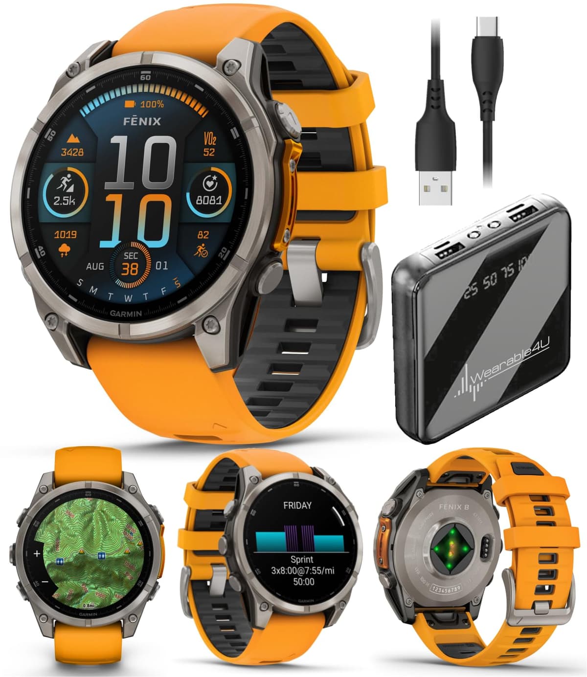 Wearable4U Garmin Fenix 8 47 mm AMOLED Sapphire Titanium con correa Spark Orange/Graphite y power bank