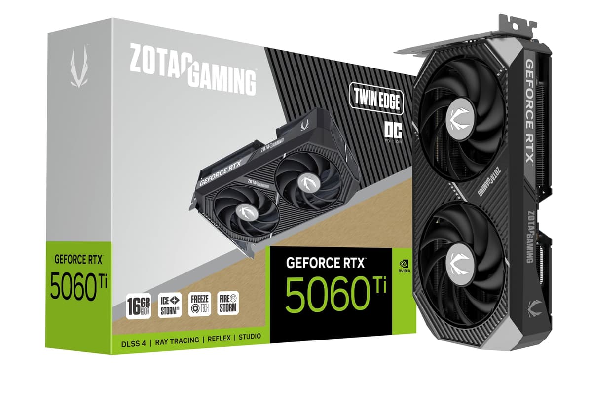 ZOTAC Gaming GeForce RTX 5060 Ti 16GB Twin Edge OC DLSS 4 16GB GDDR7 128 bits 28 Gbps PCIe 5.0 Tarjeta de video para gaming, refrigeración IceStorm 2.0, compatible con SFF, ZT-B50620H-10M