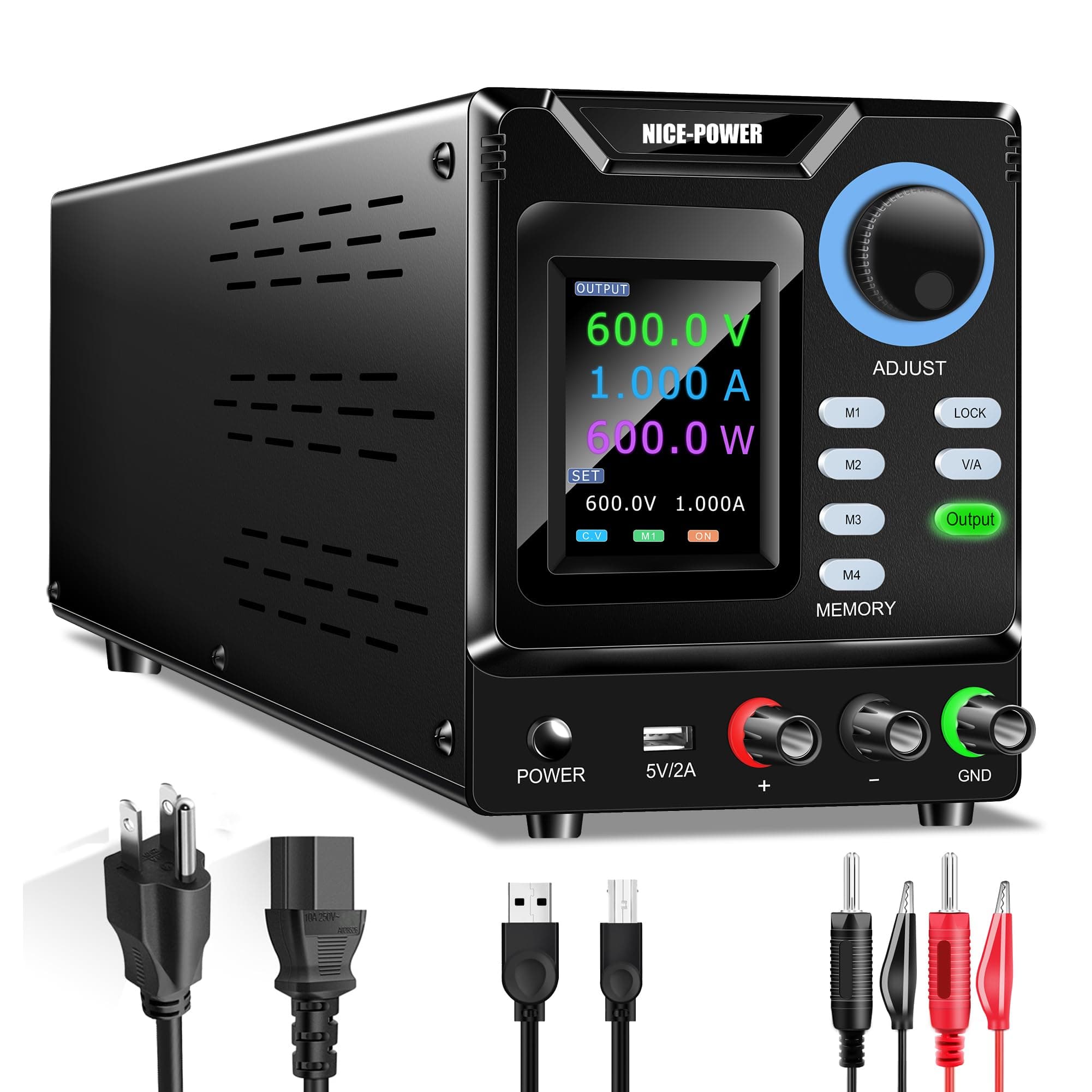 NICE-POWER Fuente DC Variable 0-600V 0-1A Programable con Memoria, Perilla Encoder y Software PC SPPS-D6001-232